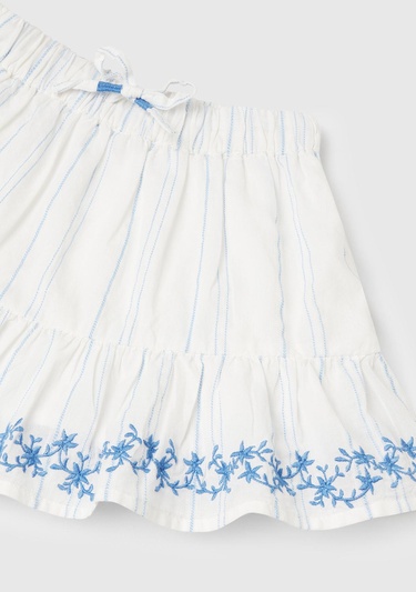  Kız Çocuk Beyaz Çizgili Etek Ucu İşlemeli Büzgü İpli Etek