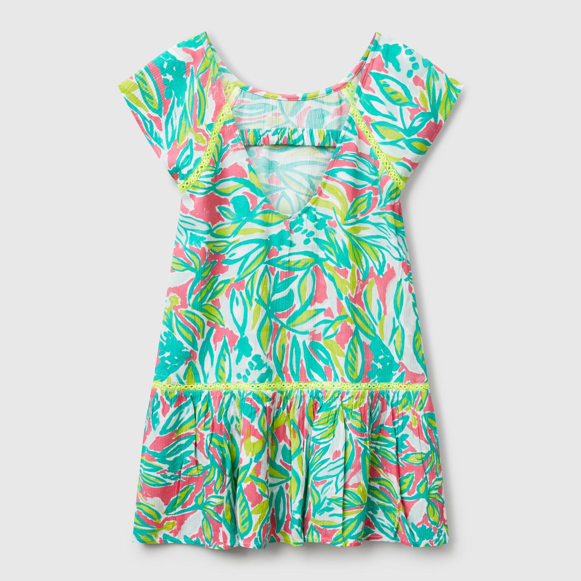 Kız Çocuk Yeşil %100 Viskoz Desenli Sırtı Bant Detaylı Bol Kesim Elbise