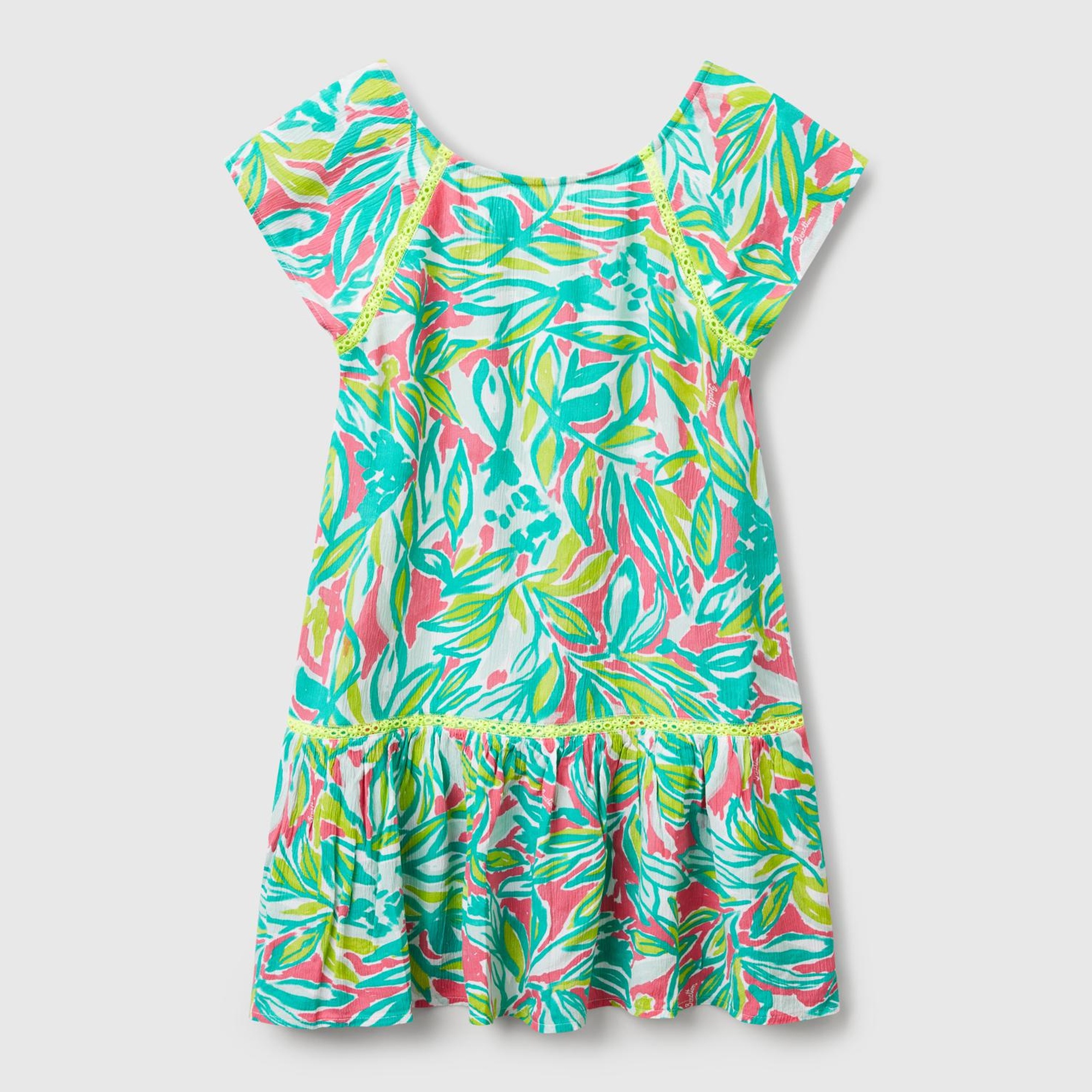 Kız Çocuk Yeşil %100 Viskoz Desenli Sırtı Bant Detaylı Bol Kesim Elbise