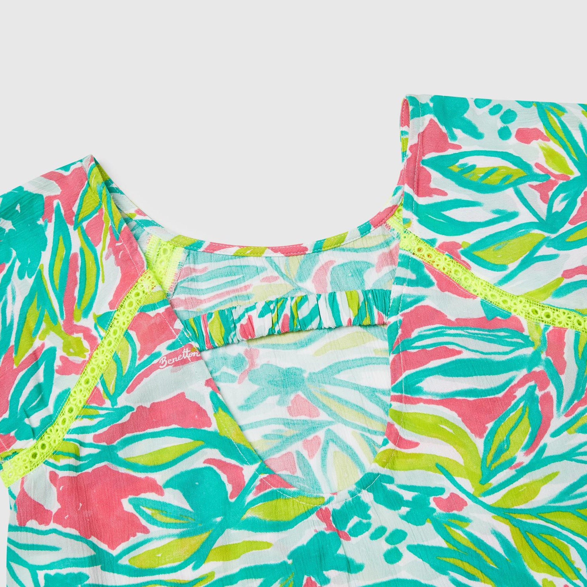 Kız Çocuk Yeşil %100 Viskoz Desenli Sırtı Bant Detaylı Bol Kesim Elbise