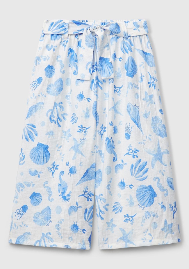  Kız Çocuk Mavi Viskoz Karışımlı Beli Kuşaklı Palazzo Pantolon