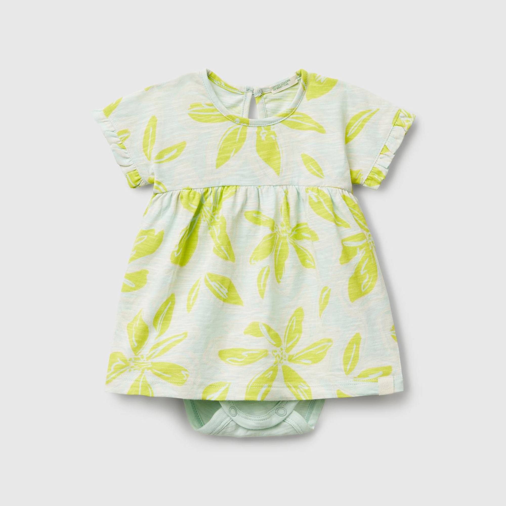 Bebek Su Yeşili Tamamı Desenli Kimono Kol İçi Bodysuitli Elbise