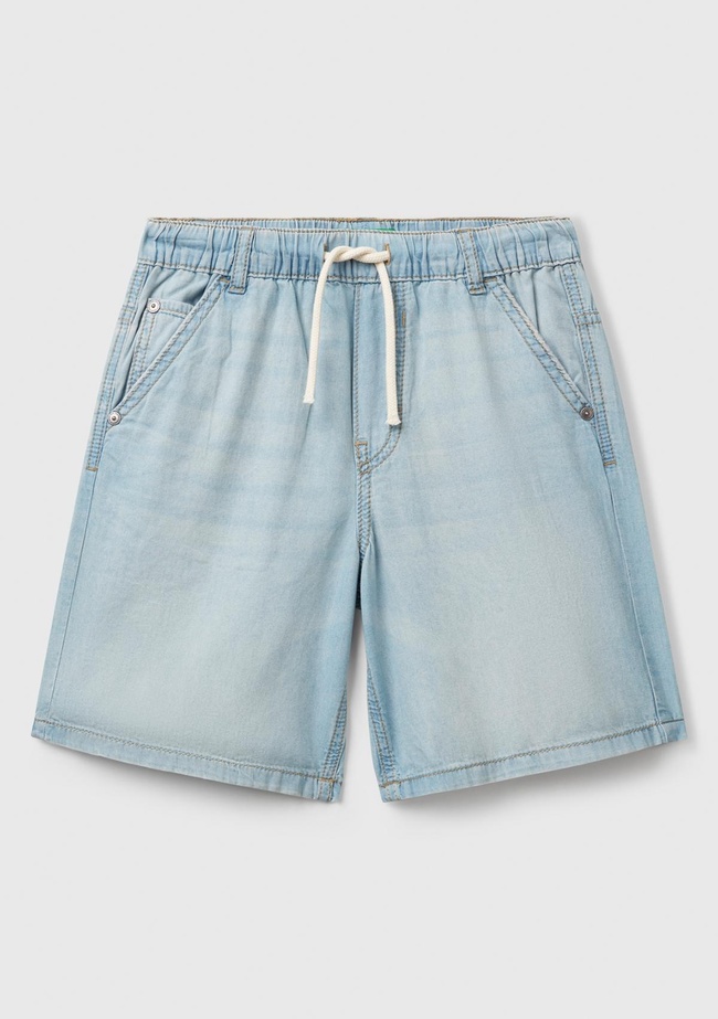  Erkek Çocuk Açık Denim Arka Cebi Logo Detaylı Büzgü İpli Denim Bermuda Şort