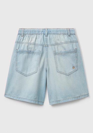  Erkek Çocuk Açık Denim Arka Cebi Logo Detaylı Büzgü İpli Denim Bermuda Şort