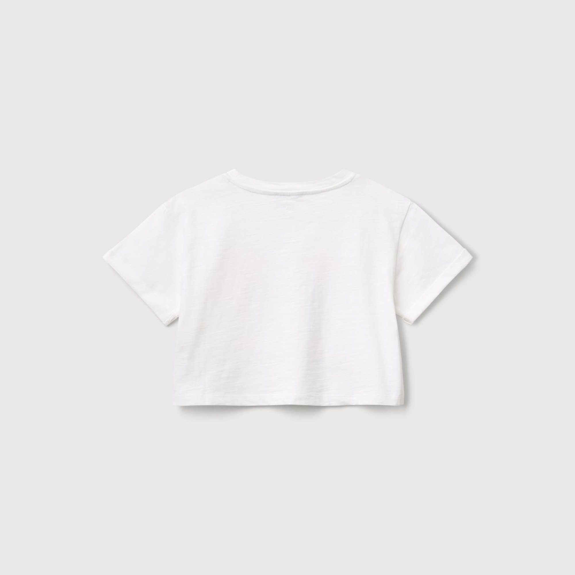 Kız Çocuk Beyaz Nakışlı Bisiklet Yaka Crop T-Shirt