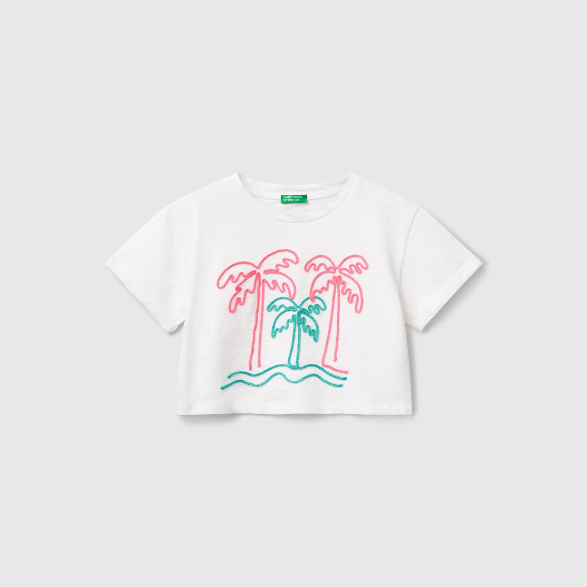 Kız Çocuk Beyaz Nakışlı Bisiklet Yaka Crop T-Shirt