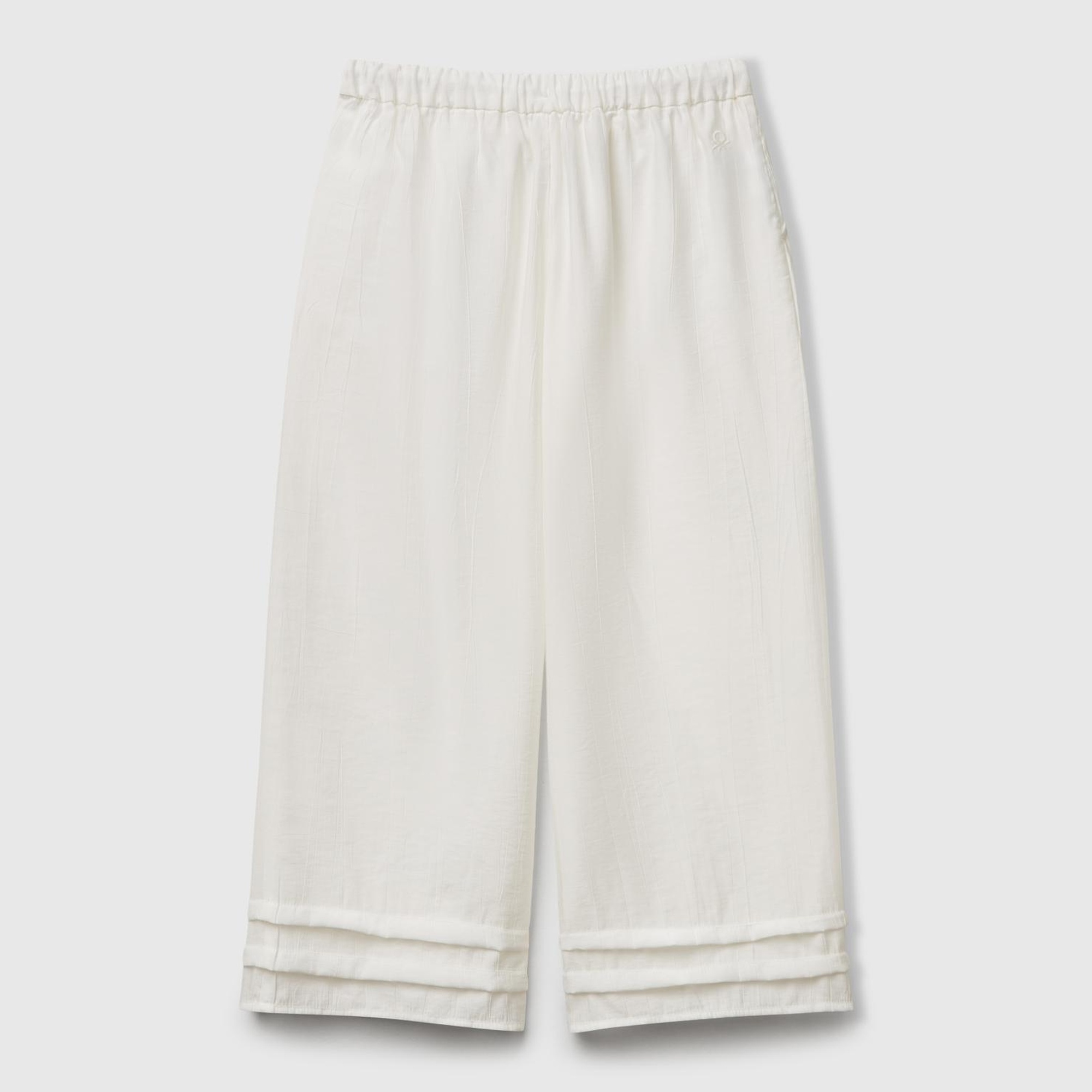 Kız Çocuk Beyaz Viskoz Karışımlı Büzgü İpli Geniş Paça Pantolon