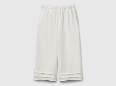  Kız Çocuk Beyaz Viskoz Karışımlı Büzgü İpli Geniş Paça Pantolon