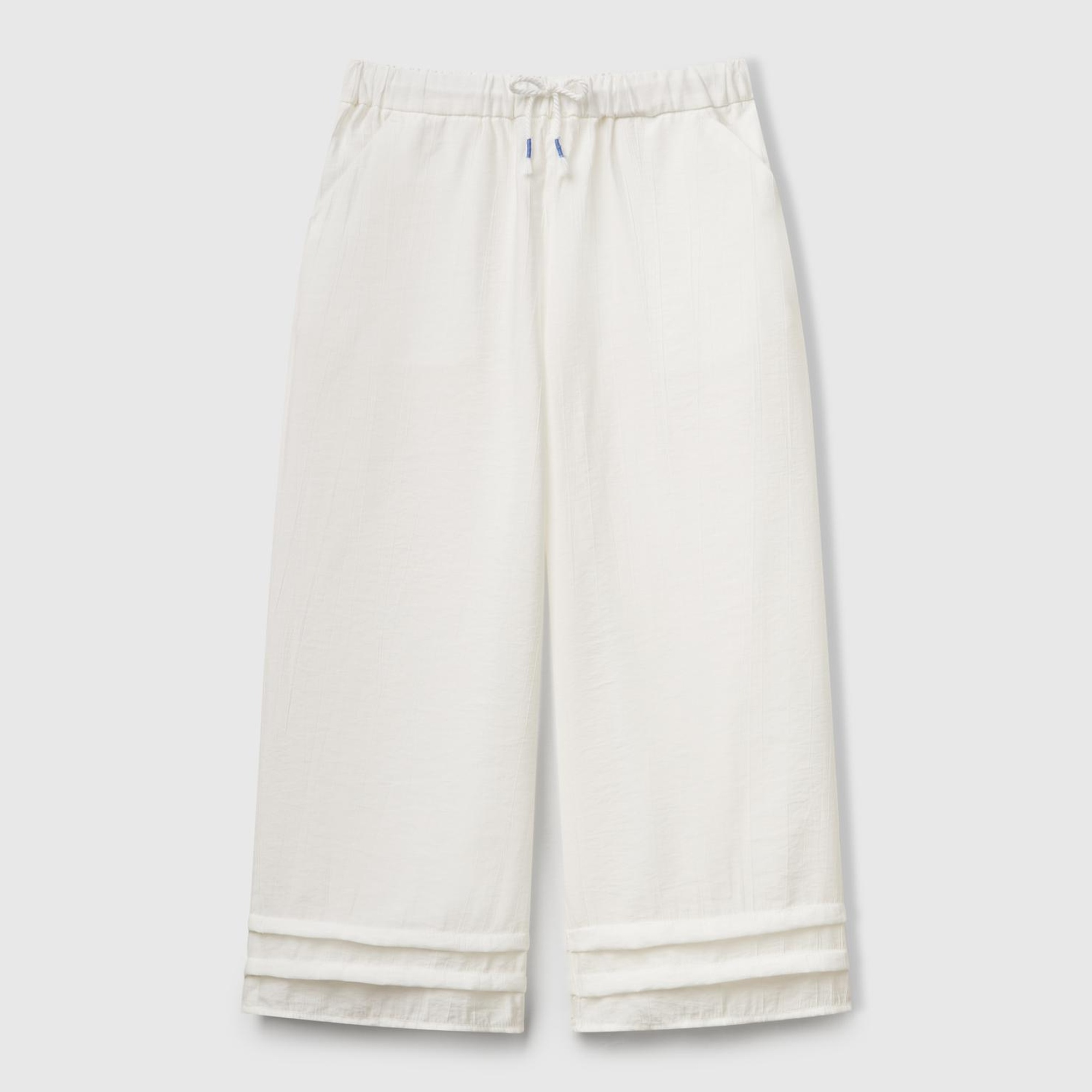 Kız Çocuk Beyaz Viskoz Karışımlı Büzgü İpli Geniş Paça Pantolon