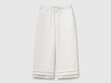  Kız Çocuk Beyaz Viskoz Karışımlı Büzgü İpli Geniş Paça Pantolon