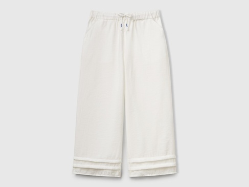  Kız Çocuk Beyaz Viskoz Karışımlı Büzgü İpli Geniş Paça Pantolon