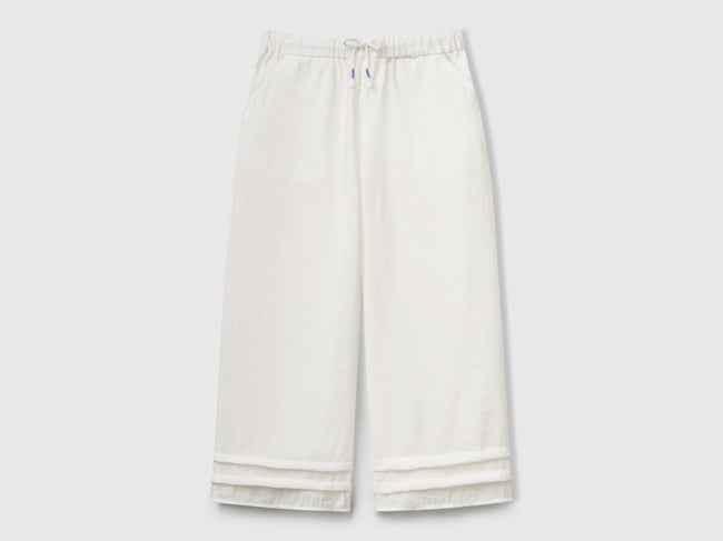  Kız Çocuk Beyaz Viskoz Karışımlı Büzgü İpli Geniş Paça Pantolon