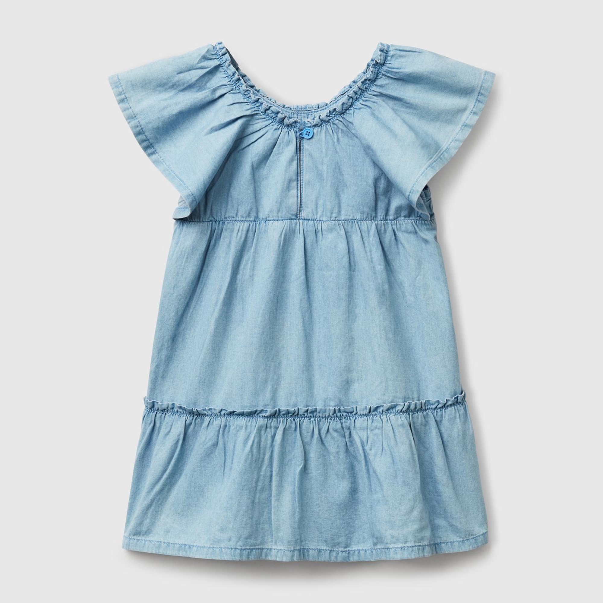 Kız Çocuk Denim Yakası Lastikli Kolu ve Eteği Fırfırlı Hafif Bol Kesim Şönil Elbise