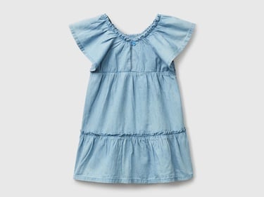  Kız Çocuk Denim Yakası Lastikli Kolu ve Eteği Fırfırlı Hafif Bol Kesim Şönil Elbise