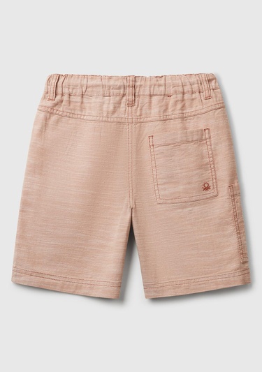  Erkek Çocuk Bej Dokuma Kumaş Logo İşleme Detaylı Büzgü İpli Bermuda Şort