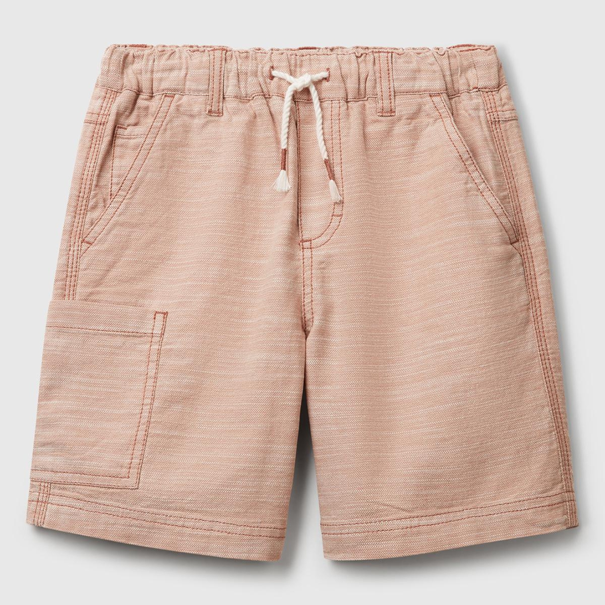 Erkek Çocuk Bej Dokuma Kumaş Logo İşleme Detaylı Büzgü İpli Bermuda Şort