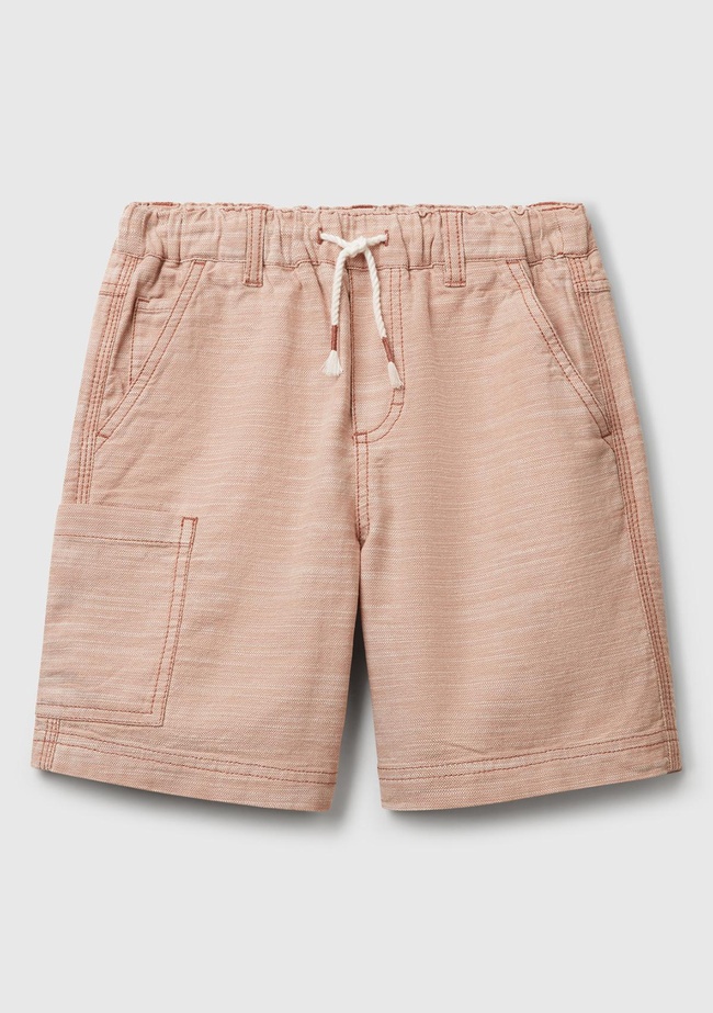  Erkek Çocuk Bej Dokuma Kumaş Logo İşleme Detaylı Büzgü İpli Bermuda Şort