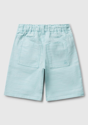  Erkek Çocuk Toz Mavi Dokuma Kumaş Arka Cebi Logo İşlemeli Büzgü İpli Bermuda Şort