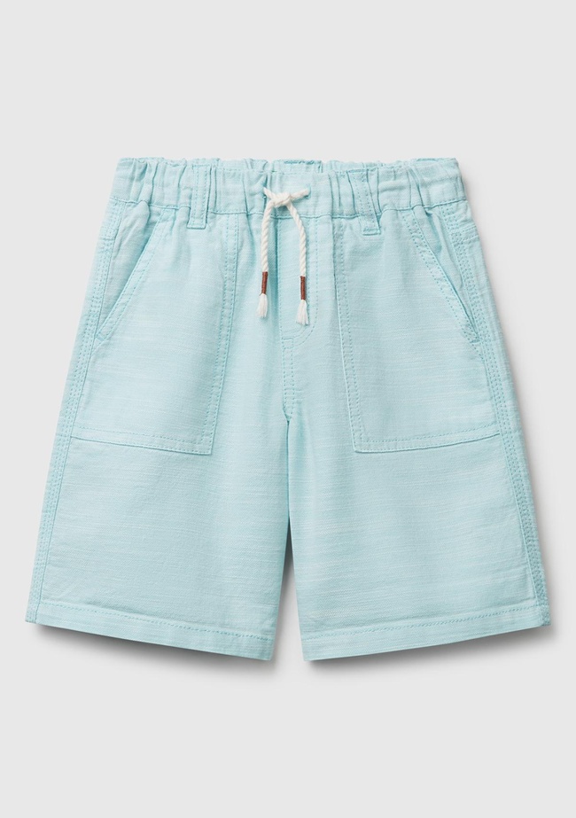  Erkek Çocuk Toz Mavi Dokuma Kumaş Arka Cebi Logo İşlemeli Büzgü İpli Bermuda Şort