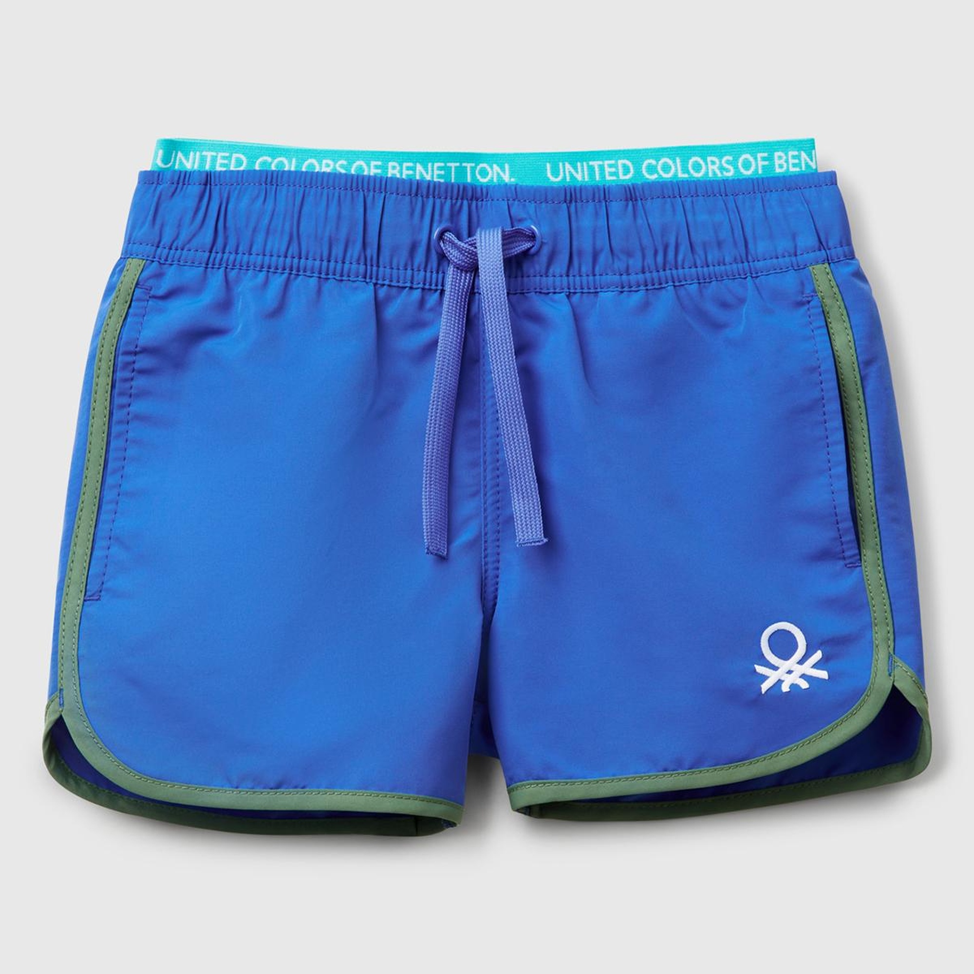 Erkek Çocuk Saks Mavi Logo Baskılı Beli Lastik Detaylı Büzgü İpli Deniz Şortu