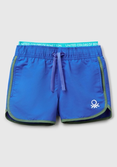  Erkek Çocuk Saks Mavi Logo Baskılı Beli Lastik Detaylı Büzgü İpli Deniz Şortu