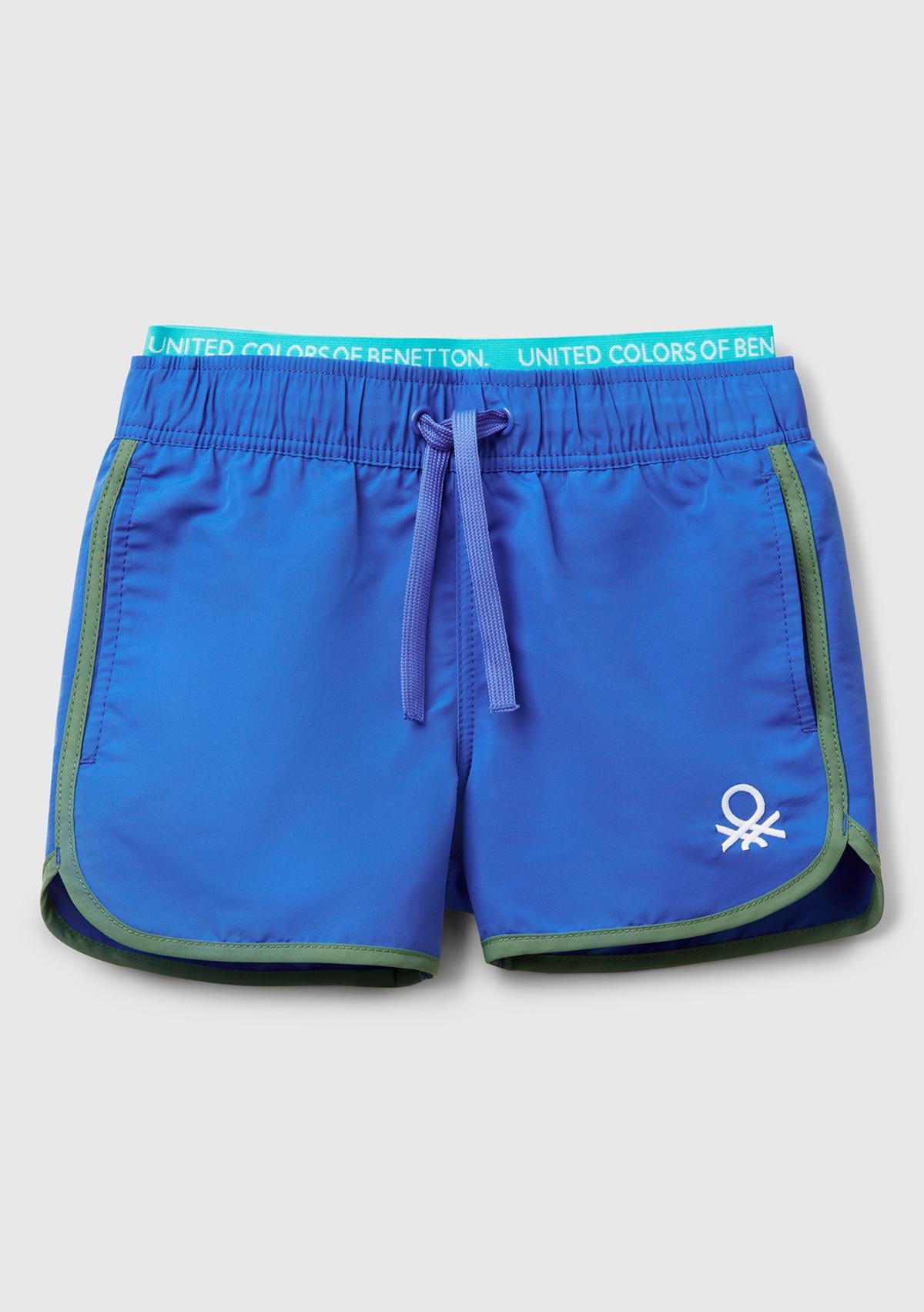  Erkek Çocuk Saks Mavi Logo Baskılı Beli Lastik Detaylı Büzgü İpli Deniz Şortu