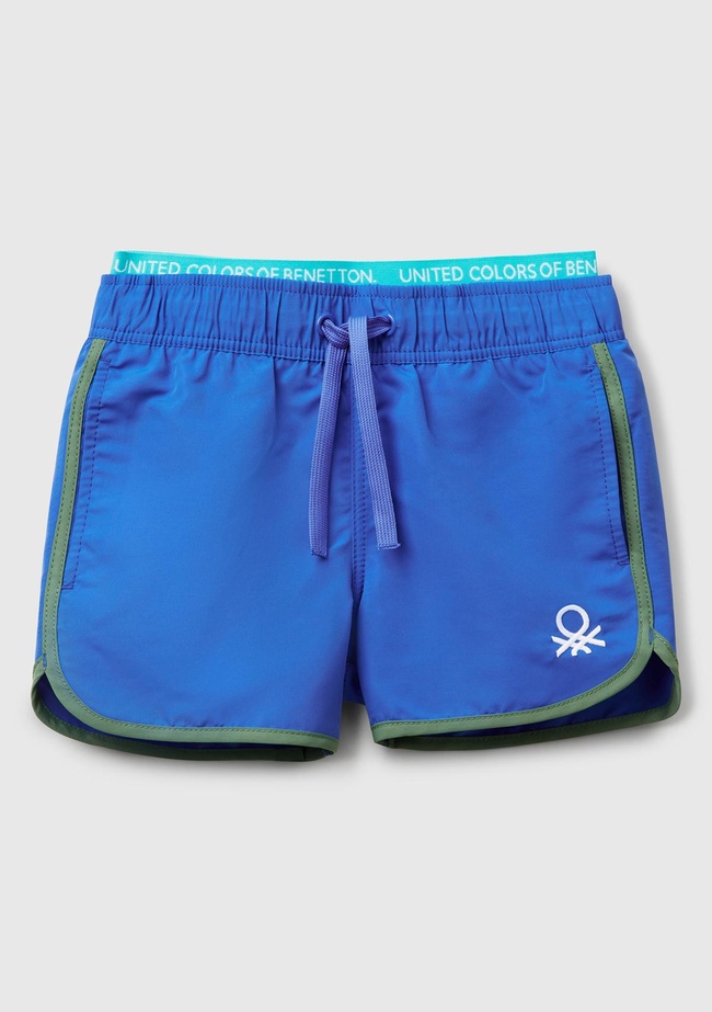  Erkek Çocuk Saks Mavi Logo Baskılı Beli Lastik Detaylı Büzgü İpli Deniz Şortu