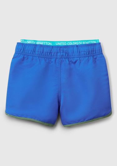  Erkek Çocuk Saks Mavi Logo Baskılı Beli Lastik Detaylı Büzgü İpli Deniz Şortu
