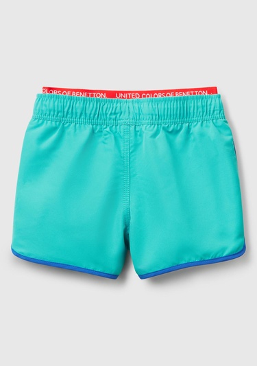  Erkek Çocuk Turkuaz Logo Baskılı Beli Lastik Detaylı Büzgü İpli Deniz Şortu