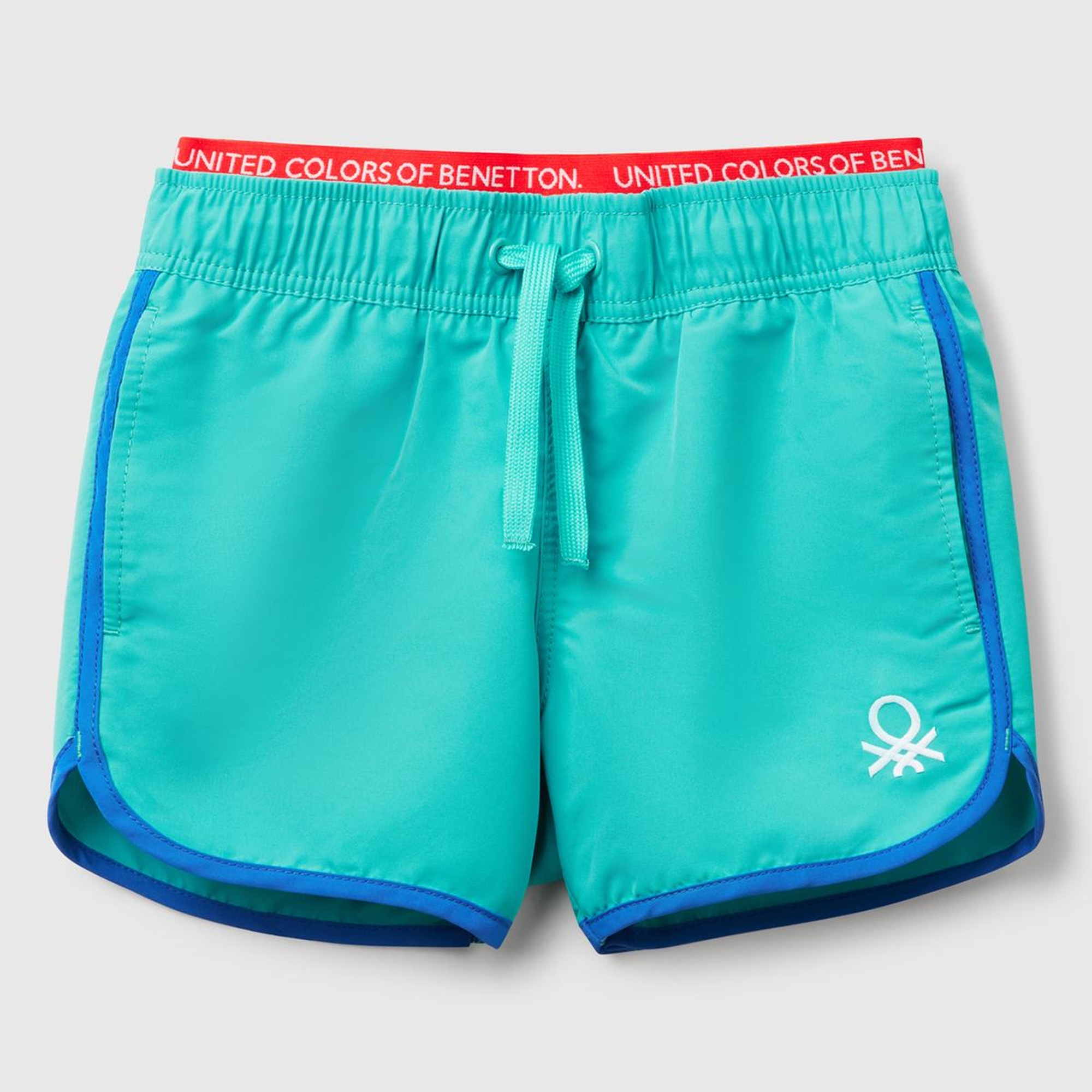Erkek Çocuk Turkuaz Logo Baskılı Beli Lastik Detaylı Büzgü İpli Deniz Şortu