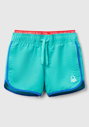 Erkek Çocuk Turkuaz Logo Baskılı Beli Lastik Detaylı Büzgü İpli Deniz Şortu