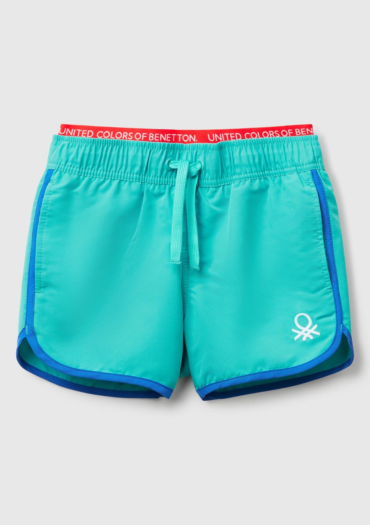  Erkek Çocuk Turkuaz Logo Baskılı Beli Lastik Detaylı Büzgü İpli Deniz Şortu