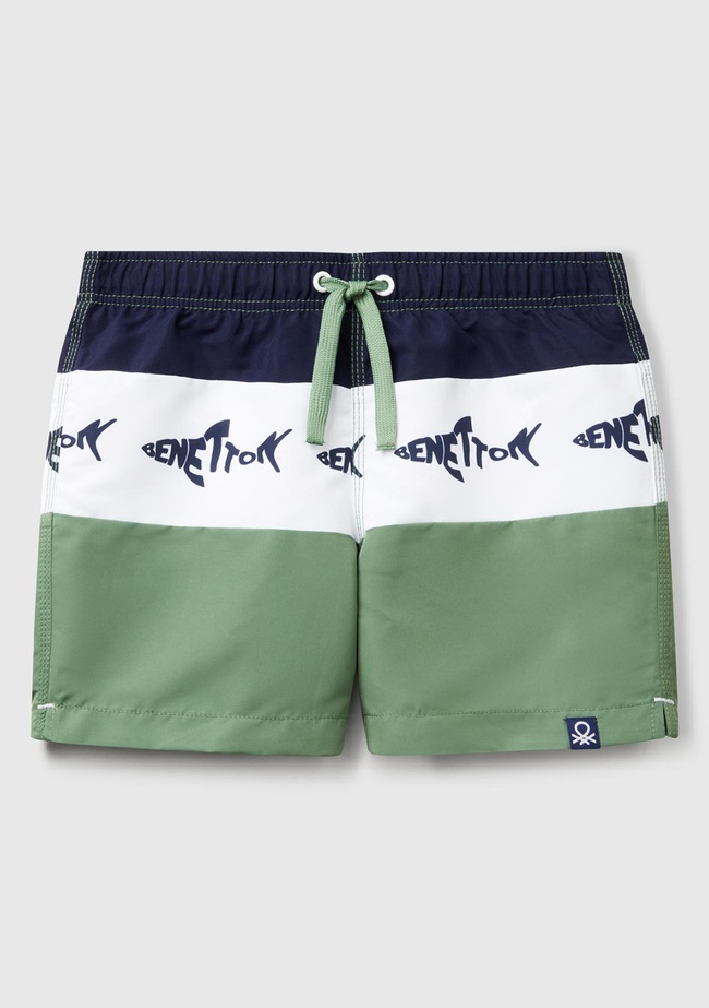  Erkek Çocuk Yeşil Mix Desenli Büzgü İpli Deniz Şortu