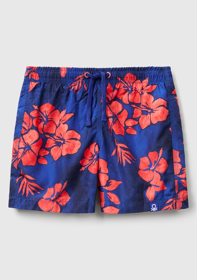  Erkek Çocuk Lacivert Tamamı Desenli Arkası Cep Detaylı Büzgü İpli Deniz Şortu