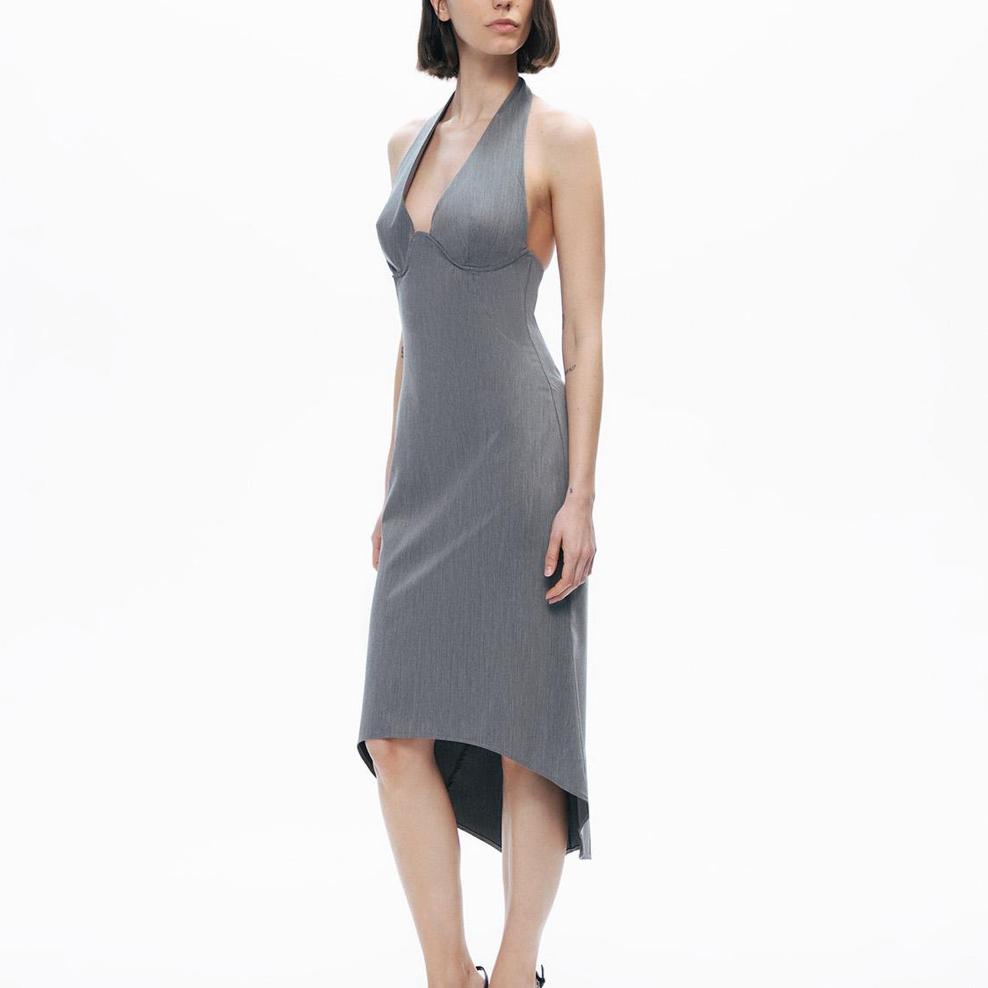 Boyundan Bağlamalı Asimetrik Midi Elbise