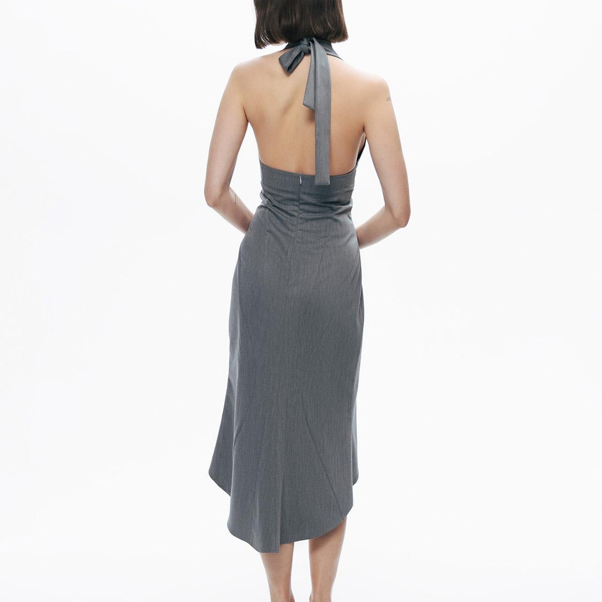 Boyundan Bağlamalı Asimetrik Midi Elbise