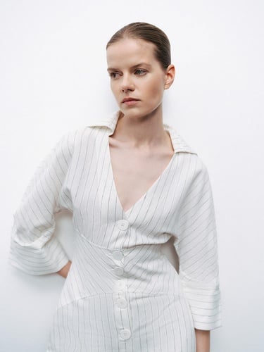  Gömlek Görünümlü Keten Elbise