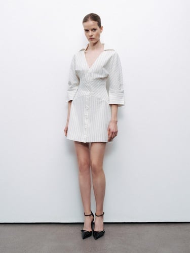  Gömlek Görünümlü Keten Elbise