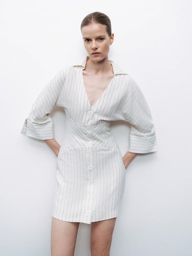  Gömlek Görünümlü Keten Elbise