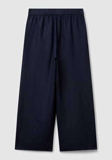  Kadın Lacivert %100 Keten Beli Lastikli Bol Kısa Paça Pantolon