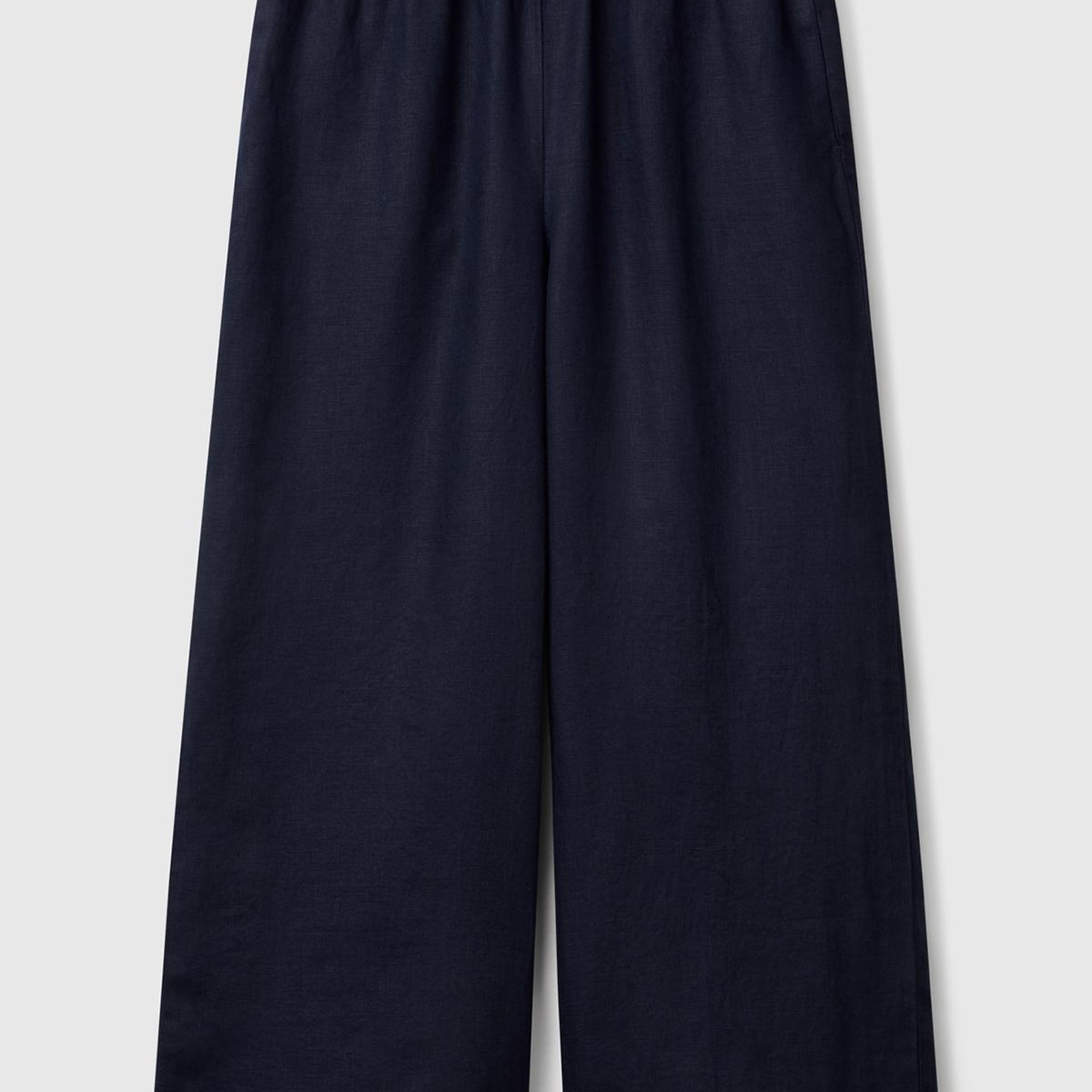 Kadın Lacivert %100 Keten Beli Lastikli Bol Kısa Paça Pantolon