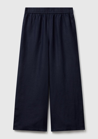  Kadın Lacivert %100 Keten Beli Lastikli Bol Kısa Paça Pantolon