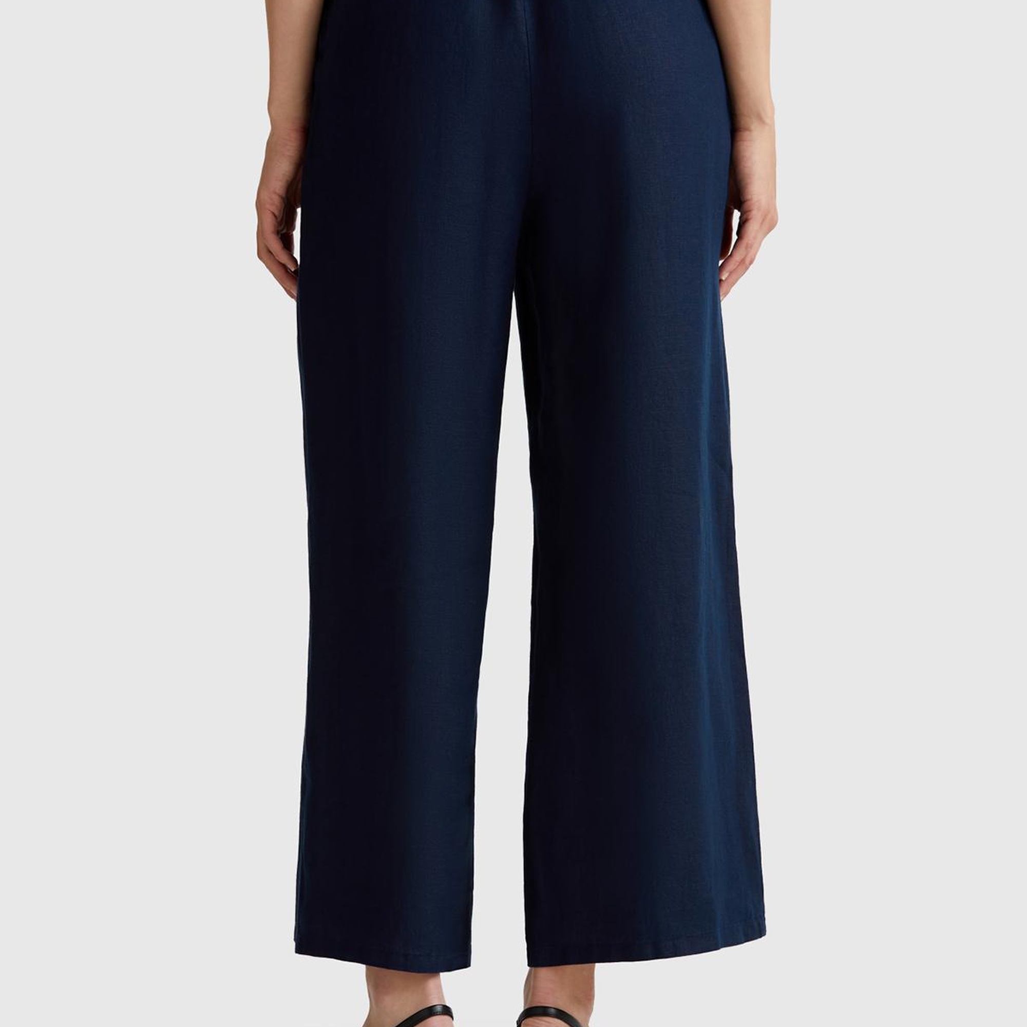 Kadın Lacivert %100 Keten Beli Lastikli Bol Kısa Paça Pantolon