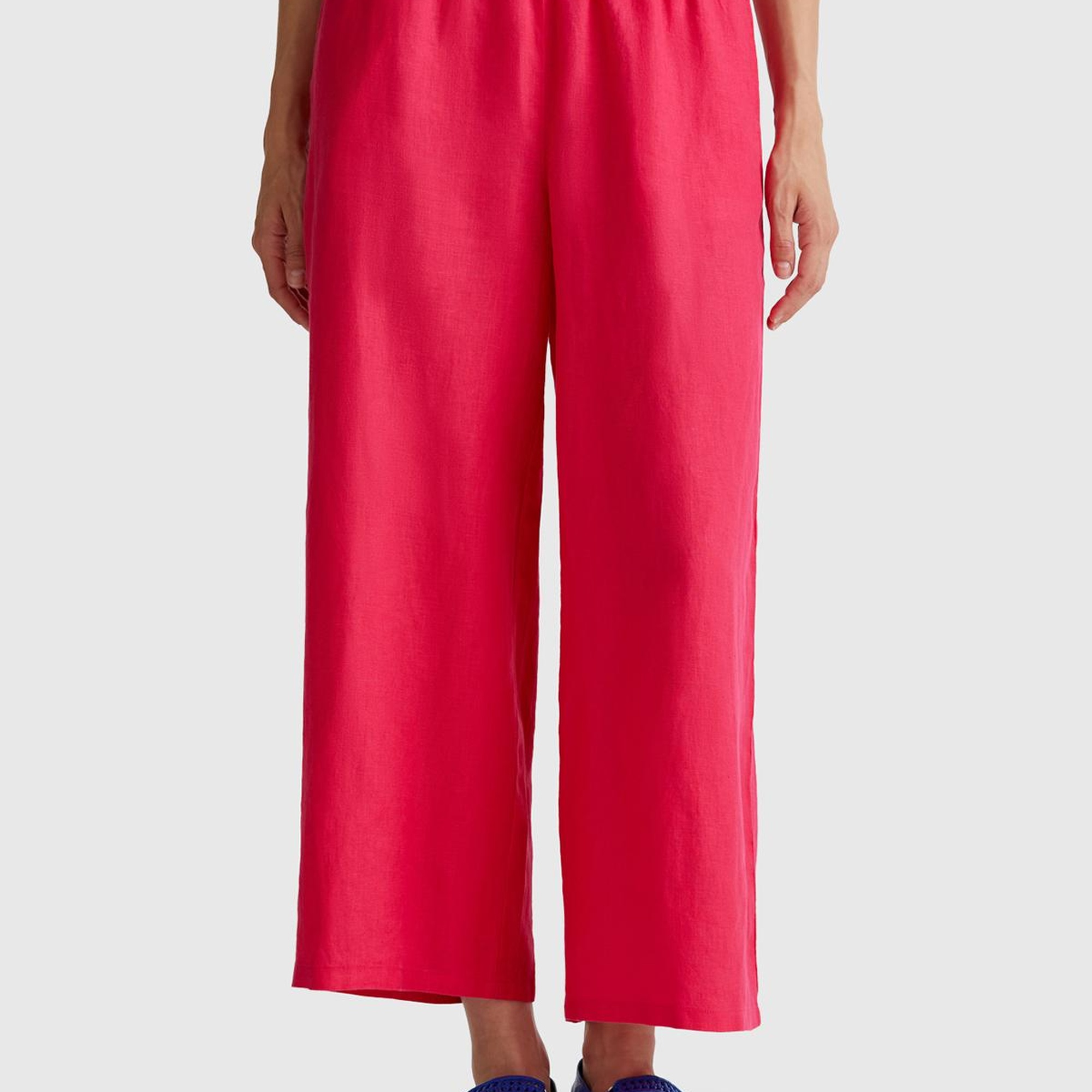 Kadın Fuşya %100 Keten Beli Lastikli Bol Kısa Paça Pantolon