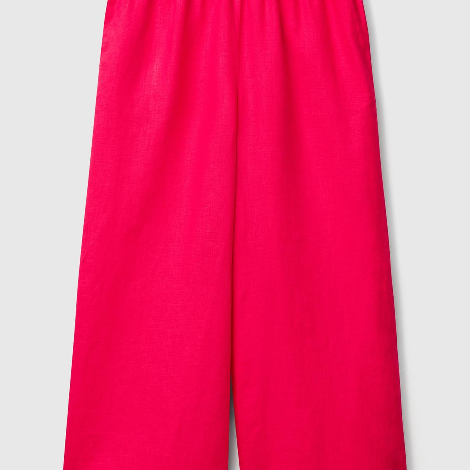 Kadın Fuşya %100 Keten Beli Lastikli Bol Kısa Paça Pantolon