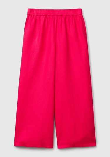  Kadın Fuşya %100 Keten Beli Lastikli Bol Kısa Paça Pantolon