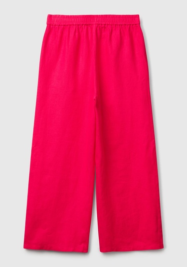  Kadın Fuşya %100 Keten Beli Lastikli Bol Kısa Paça Pantolon
