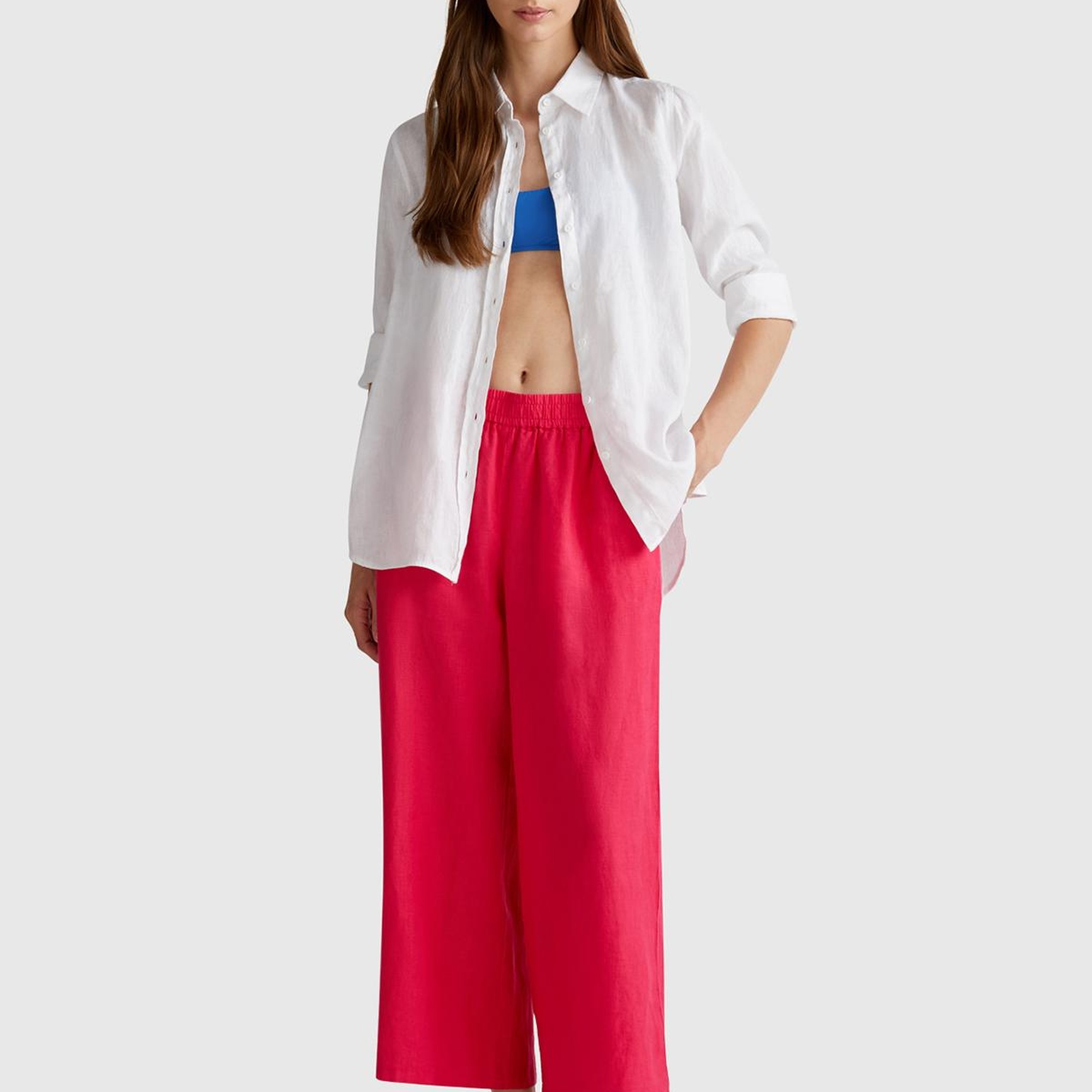 Kadın Fuşya %100 Keten Beli Lastikli Bol Kısa Paça Pantolon