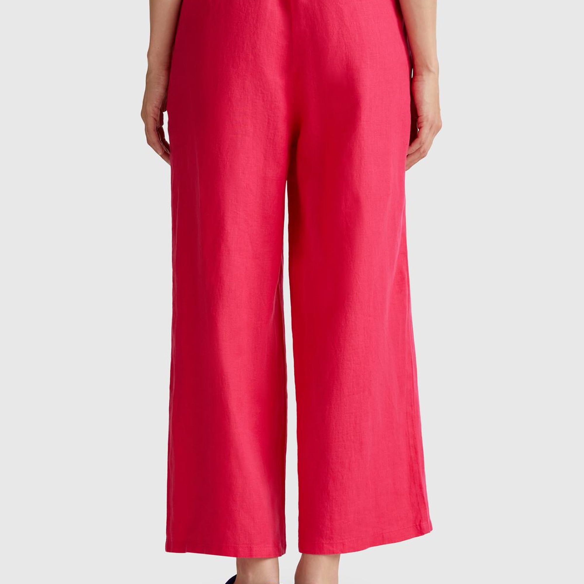 Kadın Fuşya %100 Keten Beli Lastikli Bol Kısa Paça Pantolon