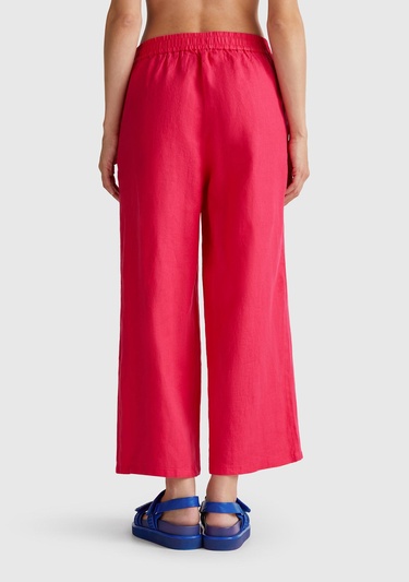  Kadın Fuşya %100 Keten Beli Lastikli Bol Kısa Paça Pantolon